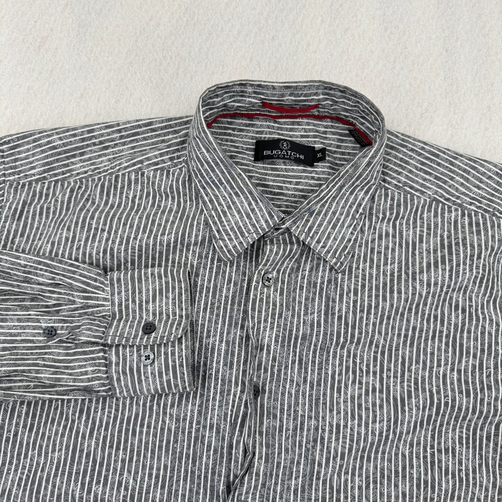 Bugatchi Uomo Mens XL Gray Striped Paisley Long Sleeve Button Down Casual